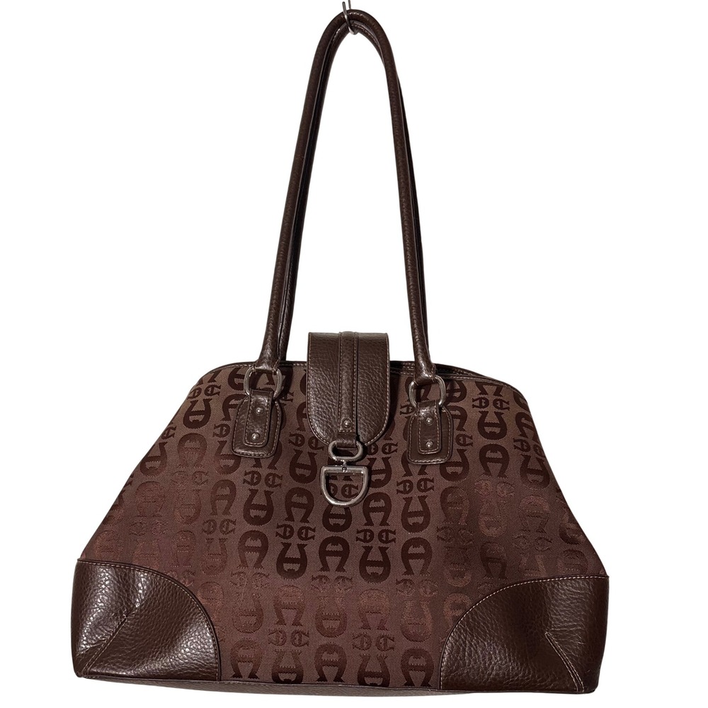 Etienne Aigner Chocolate Brown Monogram Y2K Faux Leather Shoulder Bag 37623